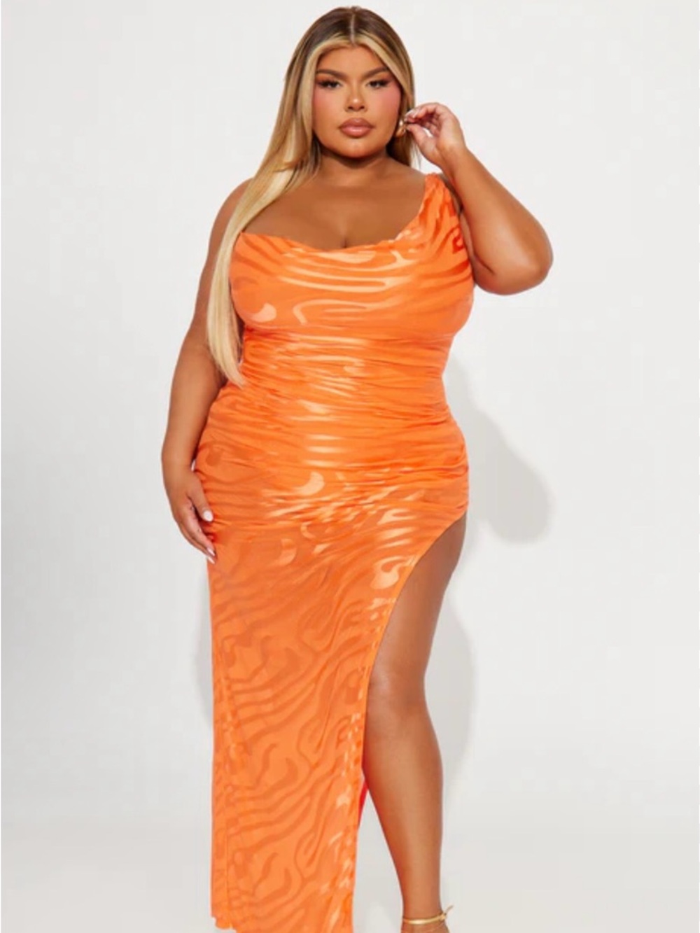 Fashion Nova Orange One-Shoulder Slit Maxi Dress
